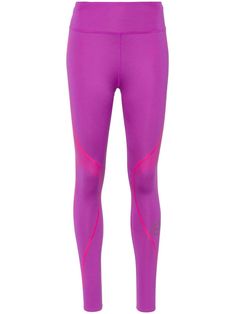 plum purple/fuchsia pink recycled polyester blend stretch-jersey stripe print detail high-waisted rubberised logo detail to the leg slip pocket to the rear elasticated waistband