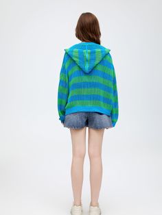 Details: Blue and green striped splicing collision striped cardigan, as if in the seaside beach. Simple silhouette with open weave throughout. Zip-up hood with natural hemline Materials & Care: Cotton 100% (except elastane) Hand wash | Dry clean Do not bleach Size & Fit: Model is 5'7", Bust 32, Waist 24, Hips 35, wearing a size S Item #: JN1KJ05 Blue Hooded Cardigan For Spring, Trendy Green Outerwear For The Beach, Seaside Beach, Simple Silhouette, Sale Promotion, Open Weave, The Seaside, Striped Cardigan, Green Stripes