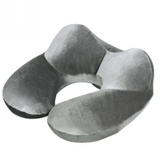 the neck pillow is grey and has a yellow tag on it's back end