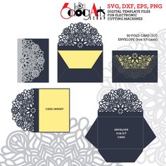 an image of some cards and envelopes with paper cut outs on them, all in black and yellow