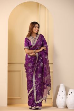 Buy beautiful purple embroidered organza sari online in USA with embroidered blouse. Make a fashion statement on festive occasions and weddings with designer suits, Indian dresses, Anarkali suits, palazzo suits, designer sarees, sharara suits, Bollywood saris from Pure Elegance Indian fashion store in USA.-full view Purple Chanderi Pre-draped Saree For Wedding, Purple Organza Pre-draped Saree With Dupatta, Purple Organza Pre-draped Saree For Diwali, Purple Georgette Pre-draped Saree For Festivals, Purple Georgette Pre-draped Saree For Eid, Designer Purple Art Silk Sharara, Purple Pre-draped Saree With Dupatta For Diwali, Traditional Purple Tissue Silk Pre-draped Saree, Purple Art Silk Sharara For Eid