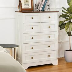 a white chest of drawers with books on top and a potted plant next to it