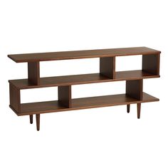 three wooden shelves with one shelf open and the other closed on both sides, against a white background