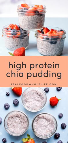 three bowls filled with chia pudding next to strawberries and blueberries