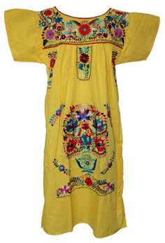 Mexican Embroidered Pueblo Dress - Yellow Yellow Floral Embroidered Dress, Traditional Yellow Floral Embroidered Dress, Traditional Yellow Embroidered Dress For Spring, Traditional Yellow Embroidered Dress With Floral Design, Traditional Yellow Embroidered Dress With Floral Embroidery, Yellow Embroidered Summer Dress, Traditional Yellow Dress With Embroidered Border, Yellow Summer Embroidered Dress, Traditional Yellow Dress With Intricate Embroidery