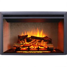 an electric fireplace with logs and flames