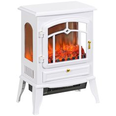 a white stove with an orange flame in the front and side panels on each side