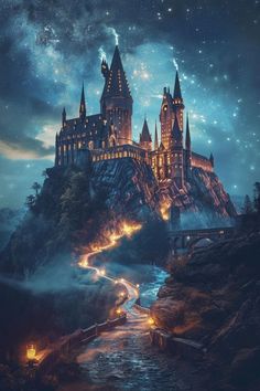 the hogwarts castle is lit up at night