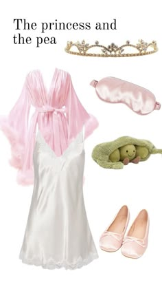 the princess and the pea costume is shown with shoes, slippers, and accessories