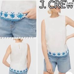 Nwt J. Crew Factory Cotton High-Neck Sleeveless Top With Embroidery Size Small White With Blue Embroidery Ruffle At Neckline Pullover Style. Keyhole Button Closure Blue Sleeveless Embroidered Top For Summer, Casual White Sleeveless Embroidered Top, White Sleeveless Embroidered Top For Summer, Casual Sleeveless Top With Embroidered Hem, High Neck Sleeveless Top, High Neck Sleeveless, Blue Embroidery, J Crew Factory, Pullover Styling