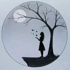 a drawing of a girl standing in front of a tree with the moon behind her