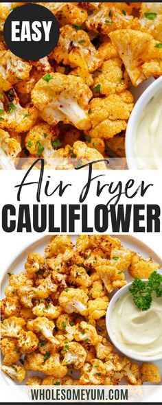 an easy recipe for air fryer cauliflower with ranch dressing on the side