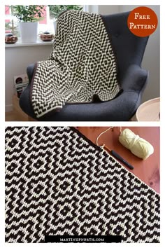 two pictures showing the same pattern as they appear to be knitted in black and white