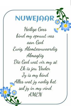 a greeting card with blue flowers and the words nuwejaar written on it