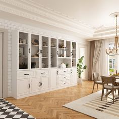 a dining room with white walls and wooden floors