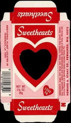 a heart shaped candy box with the word sweet hearts on it's front and side