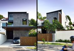 two pictures of a person riding a motorcycle in front of a house with large windows