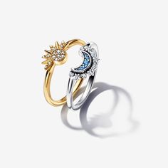 Celestial Sun & Moon Ring Set Rings For Birthday Gift, Matching Rings Gold, Sun And Moon Promise Rings, Sun And Moon Matching Rings, Matching Sun And Moon Jewelry, Sun Moon Jewelry, Pandora Friendship Rings, Sun Moon Rings, Sun And Moon Rings Couples