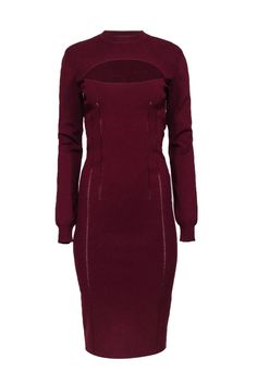 This sultry dress by McQ is the answer to comfortable occasion wear! The ribbed knit offers a flattering fit, while the long sleeves, midi length, and cut-out keep it sleek. Complete the look by adding your favorite stilettos or heeled boots. Size L 83% Viscose, 17% Polyester Bodycon silhouette Midi length Ribbed knit Front cut-out detail Bust 33" Waist 30" Shoulder to hem 46" Sleeve length 25" Fitted Long Sleeve Sweater Dress For Evening, Evening Long Sleeve Ribbed Sweater Dress, Evening Ribbed Long Sleeve Sweater Dress, Evening Bodycon Sweater Dress With Long Sleeves, Bodycon Long Sleeve Sweater Dress For Evening, Evening Ribbed Sweater Dress With Long Sleeves, Ribbed Fitted Bodycon Dress For Evening, Ribbed Bodycon Dress For Evening, Evening Long Sleeve Ribbed Bodycon Dress