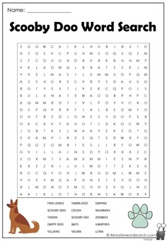 the scooby do word search is shown in this printable activity sheet for kids