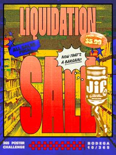 an advertisement for liquidation sale on the side of a store shelf with various items in it