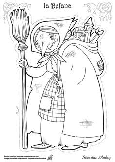 a cartoon character holding a broom with the words la befana in spanish on it