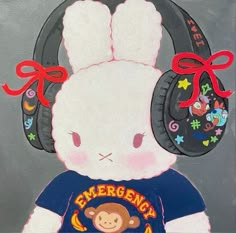 a painting of a white rabbit wearing headphones