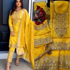 Traditional wear has always held a special place in the hearts of fashion-conscious Indian women. The best part about ethnic wear is its ability to evolve into something unique that will definitely make you stand out on every occasion. Celebrate this wedding season wearing this Yellow Punjabi suit embroidered with Heavy Gota Kundan and stone work . This beautiful suit is lined for comfort and Adorned with georgette Dupatta. Women can buy this Anarkali suit to wear for their upcoming functions, p Dola Silk Churidar With Dabka Work, Yellow Punjabi Suit Party Wear, Navratri Dola Silk Churidar, Dola Silk Churidar With Chikankari Embroidery For Diwali, Diwali Churidar With Chikankari Embroidery In Dola Silk, Embroidered Dola Silk Fabric For Straight Kurta, Yellow Embroidered Silk Kurta, Dola Silk Straight Kurta With Embroidered Border, Straight Dola Silk Kurta With Embroidered Border