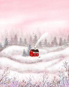 a painting of a red house on a snowy hill with trees in the foreground