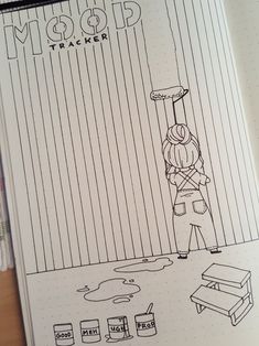 an open notebook with a drawing of a person standing in front of a coffee table