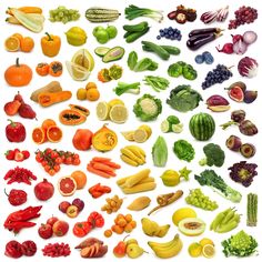 many different fruits and vegetables are arranged together