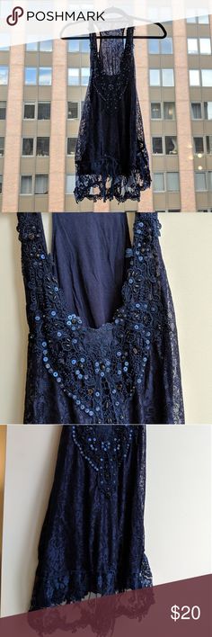 Free people embellished lace flowy top Smoke free and pet free home, beautiful light material. Lined on the inside so not see through Free People Tops Tank Tops Flowy Top, Flowy Tops, Free People Blue, Beautiful Lights, Cocktail Dress, Formal Dresses, Tank Tops