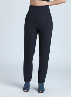 Sam High-Waisted Pocket Pant - Black Blue Fitted High Waist Modern Pants, Chic High-waisted Bottoms With Zip Fly, Chic High Waist Bottoms With Zip Fly, Modern High-waist Elastane Bottoms, Modern Workwear Pants With Zip Fly, Chic High-waisted Pants With Zip Fly, High-waist Elastane Pants With Side Pockets, Modern Bottoms With Elastic Waistband For Business Casual, Chic Straight Pants With Zip Fly