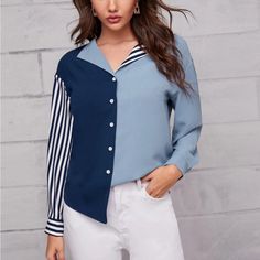 Brand New Brand Is Shein Size Medium Blue Long Sleeve Tops With Contrast Color, Casual Blue Tops With Splicing, Casual Blue Tops With Splicing Details, Trendy Blue Patchwork Blouse, White Color Block Blouse For Work, Casual Blue Blouse With Patchwork, Blue Casual Blouse With Patchwork, White Shirt With Contrast Color For Spring, Trendy Blue Patchwork Shirt