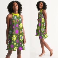 "Handmade Floral Mod Dress, Retro Dress, Vintage Dress Style, Vintage inspired Dress, 60s 70s style dresses,Trapeze dress, Green Dress Custom Handmade to order, Designed in California, Hand Sewn Overseas. *Ethically sourced fabric I wanted to design a modern mod dress for those who loves the 60s mod 70s style floral dresses. It is handmade from polyester chiffon material, dress is fully lined and light weight. Goes with platform shoes, heels or tall boots. Custom made to order. Size & Fit: - Rel Mod Style A-line Dress With Retro Print, Retro A-line Sleeveless Dress, Multicolor Mod A-line Dress, Multicolor A-line Mod Dress, Retro Multicolor Sleeveless Dress For Spring, Fitted Retro Multicolor Sleeveless Dress, Retro Knee-length Summer Dress, Retro Knee-length Midi Dress, Retro Sleeveless Dress With Floral Print For Spring