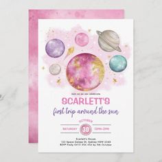 a pink and gold birthday party card with planets