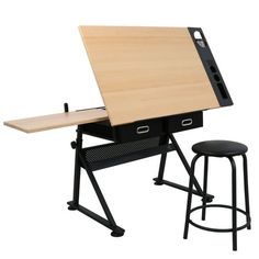 HomGarden adjustable drafting table provides a comfortable large workspace and keeps your supplies easily accessible. The durable powder-coated steel construction includes 4 rubber footpads for stability & floor protection.The MDF tabletop is adjustable up to 45 degrees and includes a 24" wide pencil ledge that can be positioned to keep pencils are markers from falling off the top while tilted. 2 spacious drawers keep your craft supplies close, additional hollow metal shelf allows you to place p Drawing Table Desk, Drawing Tables, Home Art Studios, Bureau D'art, Architects Desk, Studio At Home, Architect Logo, Drawing Desk, Art Studio Room