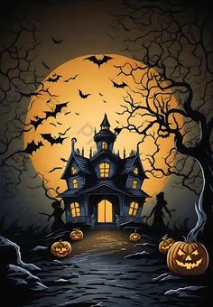 a spooky house with pumpkins in front of it and the moon behind