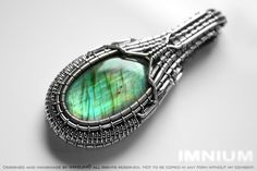 IMNIUM Labradorite pendant - wire wrapped cabochon in solid silver & fine silver wire teardrop green yellow teal gunmetal wrap borg giger techwrap Wrapped Cabochon, Wire Wrapped Cabochon, Wire Jewerly, Wire Wrap Cabochon, Wishful Thinking, Wire Weaving, Labradorite Pendant, Pendant Rings, Wrapping Ideas