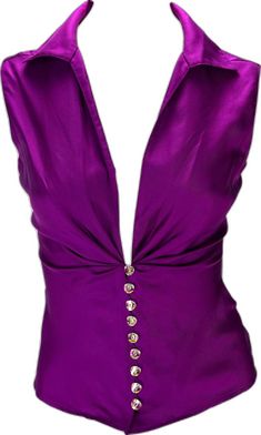 Designer V-neck Summer Tops, Designer V-neck Blouse For Summer, Glamorous V-neck Cocktail Tops, Purple V-neck Top For Evening, Purple V-neck Blouse For Formal Occasions, Luxury Silk Tops For Summer, Luxury Sleeveless Tops For Evening, Designer V-neck Party Top, Luxury Silk Tops For Night Out