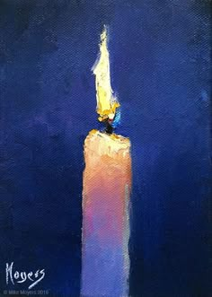 a painting of a lit candle on a blue background