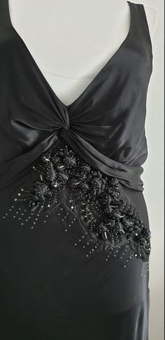 "Amazing Robert Cavalli black silk full -length dress with deep v neckline and open back , unique dimensional flowers with small beads ,bias construction, side zipper and tie back closures. ✂-----Measurements : fits like: medium bust : 40\" waist: up to 38\" hip: up to 44\" length: 59 1/2\" brand/maker: Robert Cavalli condition: excellent Shipping Is Avaliable Worldwide. Every item is carefully shipped Priority via Air Mail - shipping takes from 7 to 14 working days, depending on your location. Dressy Silk Maxi Dress For Evening, Fitted Silk Party Dress With V-neck, Silk Couture Evening Dress For Parties, Fitted Silk Party Dress V-neck, Dressy Silk Floor-length Evening Dress, Silk Embellished Evening Dress, Silk V-neck Gala Dress, Glamorous Silk Maxi Evening Dress, Silk Maxi Length Dressy Evening Dress