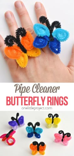 an image of a hand with some colorful hair clips and the words pipe cleaner butterfly rings on it