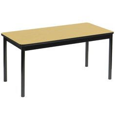 a rectangular table with black legs and a light wood top on an isolated white background