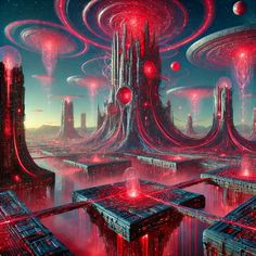 a futuristic city with red lights and planets in the sky, surrounded by other structures