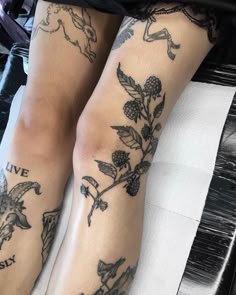 Plants And Butterflies Tattoo, Upside Down Flowers Tattoo, Goth Plant Tattoo, American Traditional Fern Tattoo, Wild Berry Tattoo, Botanical Knee Tattoo, Leg Filler Tattoos, Symmetrical Leg Tattoos, Romantic Goth Tattoo