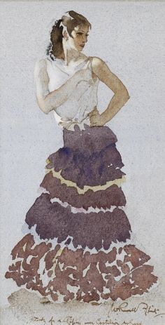 a watercolor painting of a woman in a dress with her hands on her hips