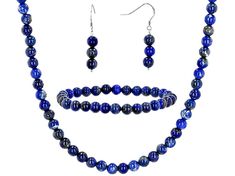 6-7mm Blue Lapis Lazuli Rhodium Over Sterling Silver Earrings, Bracelet, And Necklace Set. Earrings Measure Approximately 1.47"L x 0.27"W. Fishhook Backing. Necklace Measures Approximately 20"L x 0.27"W. Lobster Claw Clasp. Stretch Bracelet Measures Approximately 7.25"L x 0.27"W. No closure. Round 8mm Bead Jewelry Gift, Formal 8mm Beaded Bracelet, Formal Blue Lapis Lazuli Jewelry, Sapphire Jewelry With 8mm Beads As Gift, Blue Jewelry Sets With Round Beads As A Gift, Formal Hypoallergenic Jewelry With Round Beads, Hypoallergenic Round Bead Jewelry For Formal Occasions, Hypoallergenic Formal Jewelry With Round Beads, Sapphire Jewelry With 8mm Beads