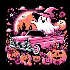 a pink car with a ghost on the hood and pumpkins around it