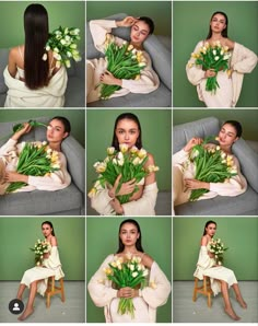 a woman sitting on a couch holding a bunch of flowers